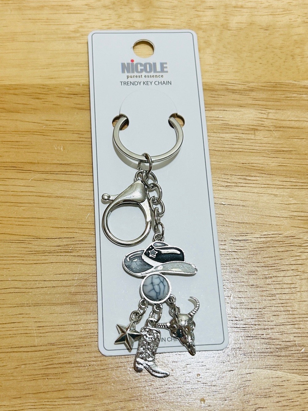 Nicole Silver Western Charm Key Ring with Marble Accent